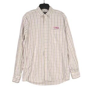 OXFORD AMERICA Purple/Yellow PLAID Button-Up TWILL 1-Pocket LSU Men's SHIRT Sz M